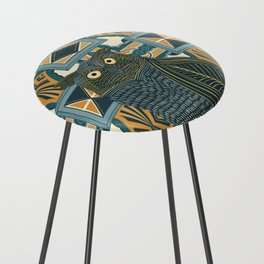 Great horned owl decorated on a patterned background - yellow and teal Counter Stool