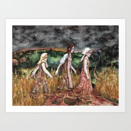 Maidens from the deep forest Art Print | Fable, Spirit, Slavic, Fantasy, Painting, Russian, Curated, Folktale, Nature, Birds 