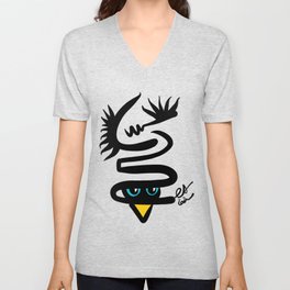 Abstract Snake Bird Minimal Style Line in Black and White and Color V Neck T Shirt