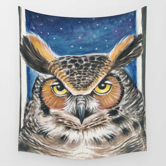 Great Horned Owl Watercolor Human made  Art Painting Wall Tapestry