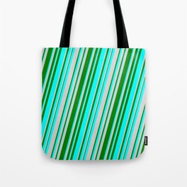 [ Thumbnail: Green, Cyan, and Light Gray Colored Lines Pattern Tote Bag ]