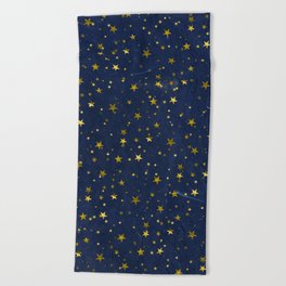 Golden Stars on Blue Background Beach Towel