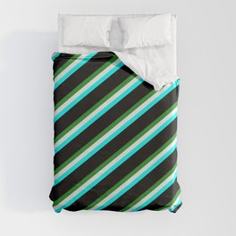 [ Thumbnail: Forest Green, Mint Cream, Cyan & Black Colored Striped Pattern Duvet Cover ]