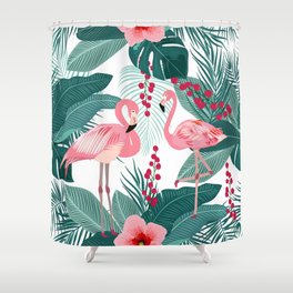 Seamless pattern of flamingo tropical leaves of palm tree Shower Curtain
