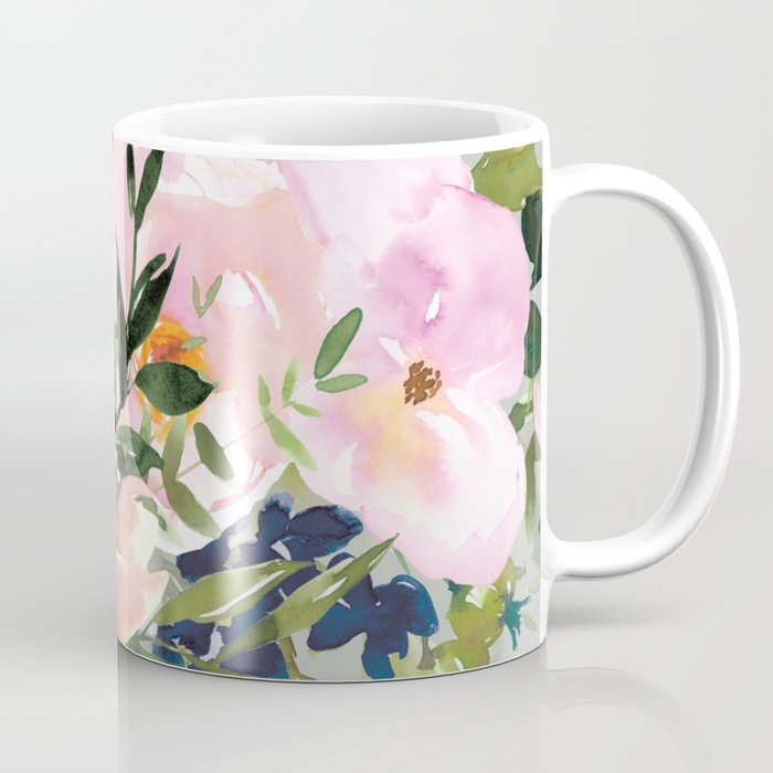 Festive, Floral Watercolor Rose Bouquet, Green and Pink Coffee Mug