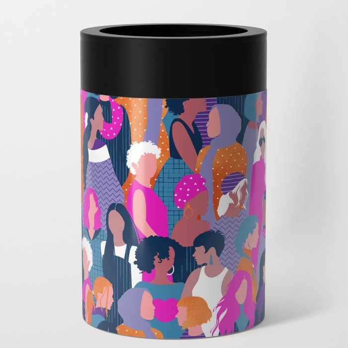 Every day we glow International Women's Day // midnight navy blue background violet purple curious blue shocking pink and orange copper humans  Can Cooler