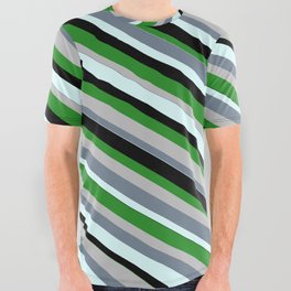 [ Thumbnail: Eye-catching Forest Green, Grey, Slate Gray, Light Cyan & Black Colored Lined/Striped Pattern All Over Graphic Tee ]