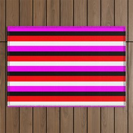 [ Thumbnail: Fuchsia, Black, Red, and White Striped Pattern Outdoor Rug ]