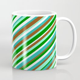 [ Thumbnail: Colorful Light Sea Green, Brown, Aquamarine, Green & Mint Cream Colored Lined/Striped Pattern Coffee Mug ]
