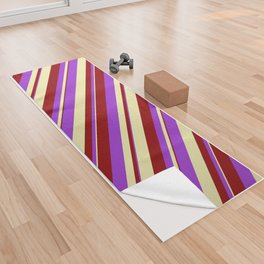 [ Thumbnail: Dark Orchid, Dark Red, and Pale Goldenrod Colored Striped/Lined Pattern Yoga Towel ]