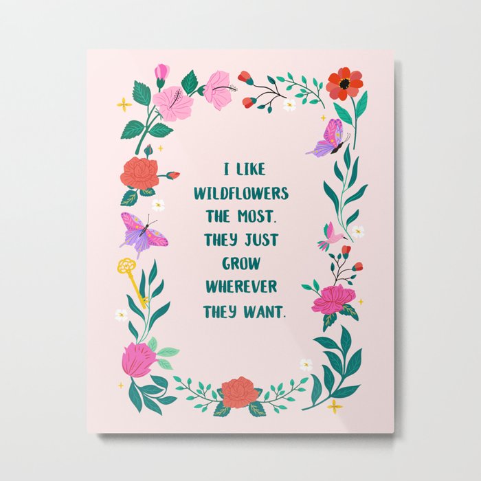 Wildflowers and butterflies Illustration with Quote Metal Print