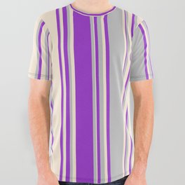 [ Thumbnail: Grey, Dark Orchid & Beige Colored Stripes/Lines Pattern All Over Graphic Tee ]
