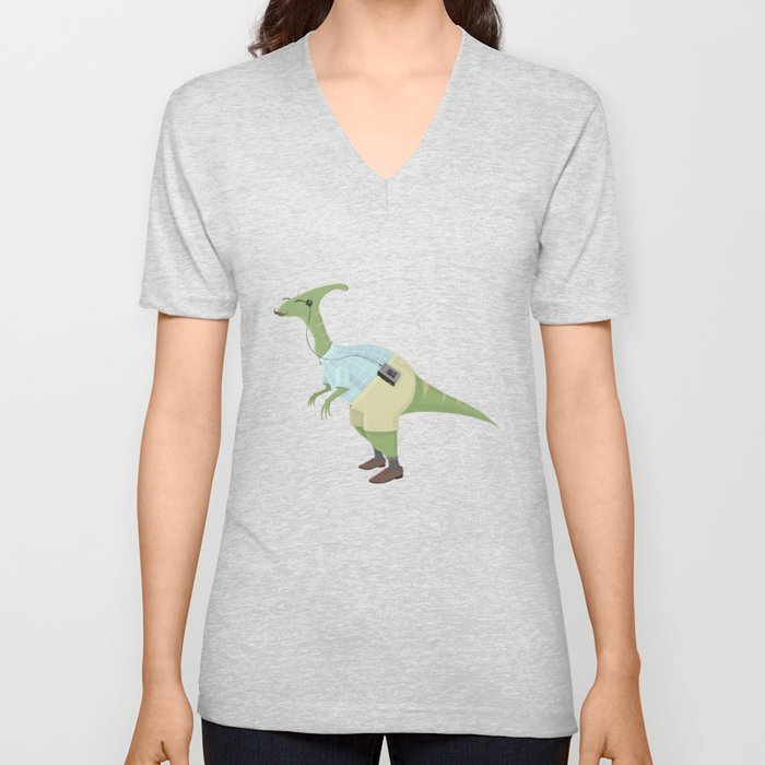 Hipster Dinosaur jams to some indie tunes on his walkman V Neck T Shirt