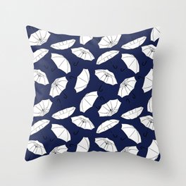 White Umbrella pattern on Navy Blue background Throw Pillow