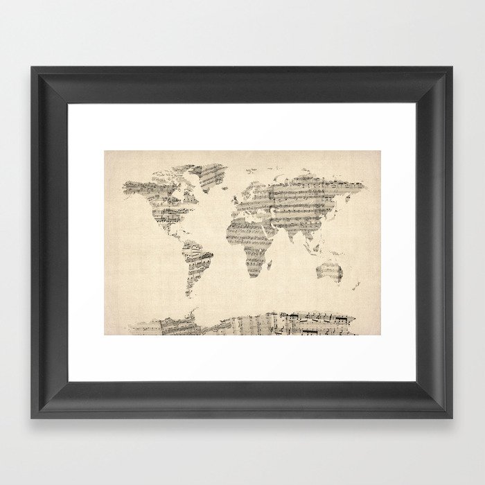 Old Sheet Music World Map Framed Art Print