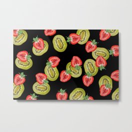 Strawberry Kiwi Fruits pattern - black #food #fruits #strawberry Metal Print