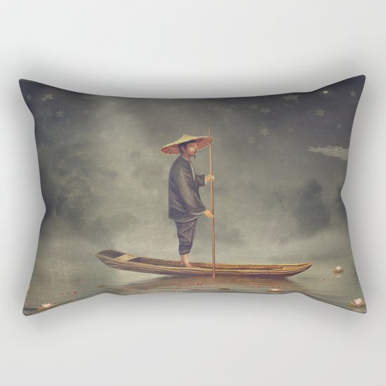 Chinese man stands in boat at river Rectangular Pillow