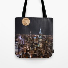 New York City Full Moon | NYC Skyline at Night | Photography and Collage Tote Bag