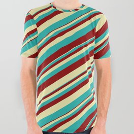 [ Thumbnail: Pale Goldenrod, Light Sea Green, and Dark Red Colored Striped Pattern All Over Graphic Tee ]