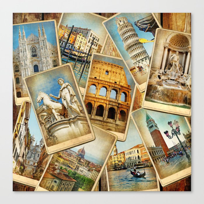 Travel in Italy -vintage photo album collage photos. Travel concepts background Canvas Print