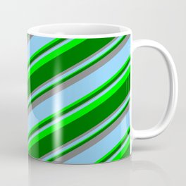 [ Thumbnail: Light Sky Blue, Lime, Dark Green & Grey Colored Striped Pattern Coffee Mug ]