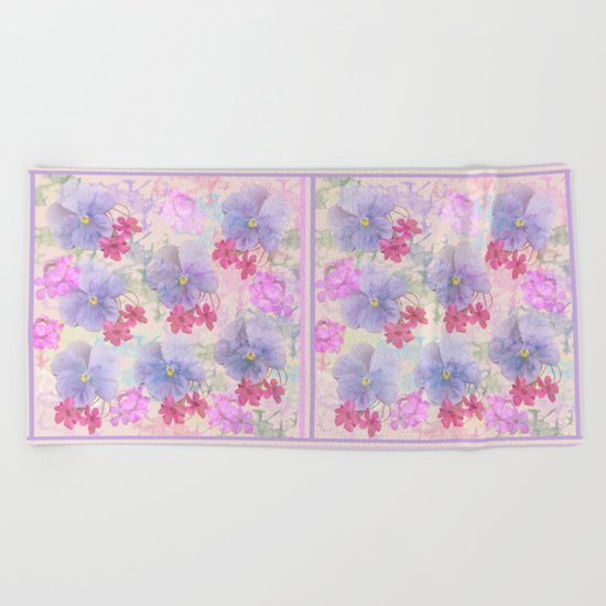 Painterly purple pansies and pink Oxalis Beach Towel