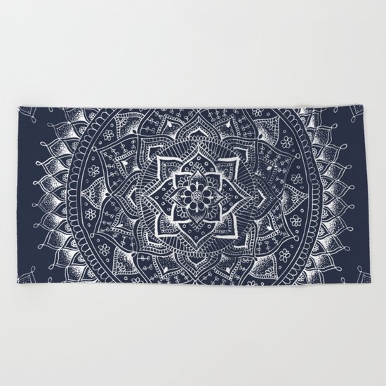 White Flower Mandala on Dark Blue Beach Towel