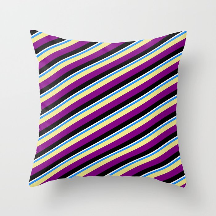 Vibrant Blue, Tan, Purple, Black, and White Colored Pattern of Stripes Throw Pillow