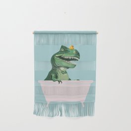 Playful T-Rex in Bathtub in Green Wall Hanging
