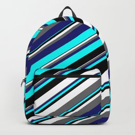 [ Thumbnail: Aqua, Black, White, Dim Gray & Midnight Blue Colored Stripes/Lines Pattern Backpack ]