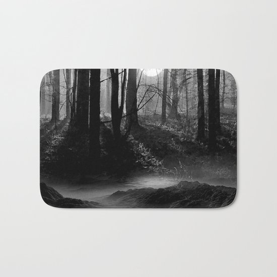 Mystical Dark & Eerie Forest with Moon (Black & White) Bath Mat