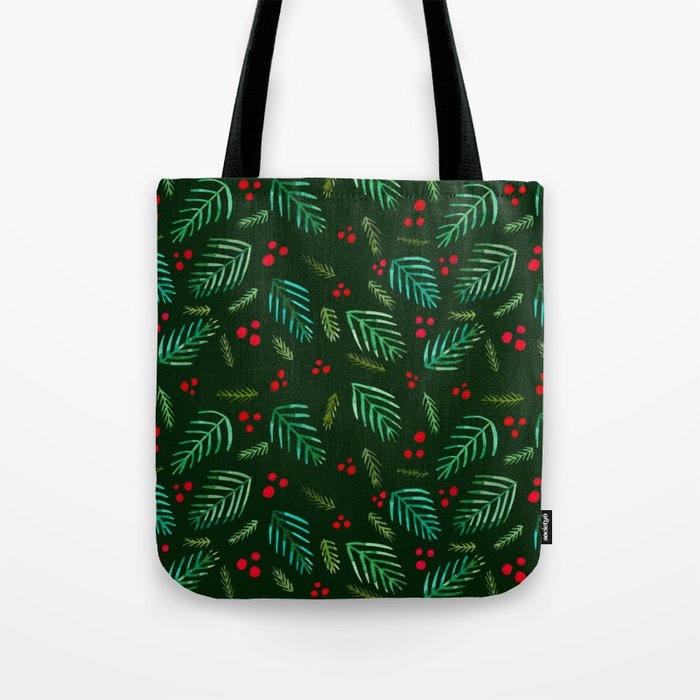 Christmas tree branches and berries - green Tote Bag