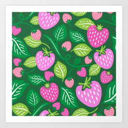 Strawberries - Pink and Green Art Print