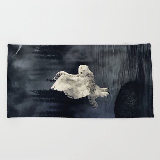 The owl and her mystical moon Beach Towel