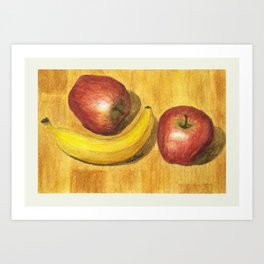 Two Apples, One Banana by Winifred Art Print | Painting, Fruit, Foodporn, Red, Tabletop, Watercolor, Kitchen, Banana, Yellow, Stilllife 