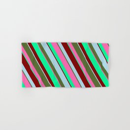 [ Thumbnail: Eyecatching Light Blue, Dark Olive Green, Hot Pink, Green, and Maroon Colored Striped/Lined Pattern Hand & Bath Towel ]