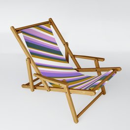 [ Thumbnail: Colorful Dark Goldenrod, White, Plum, Purple & Dark Slate Gray Colored Lines/Stripes Pattern Sling Chair ]