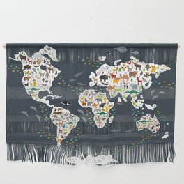 Cartoon animal world map for children, kids, Animals from all over the world, back to school, gray Wall Hanging