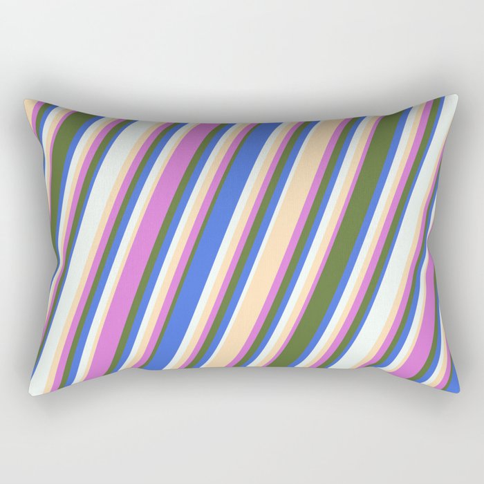 Orchid, Dark Olive Green, Royal Blue, Mint Cream, and Tan Colored Stripes Pattern Rectangular Pillow