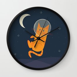 Floating Space Cat Wall Clock | Floating, Cute, Children, Galaxy, Illustration, Moon, Astronaut, Kitty, Orange, Graphicdesign 