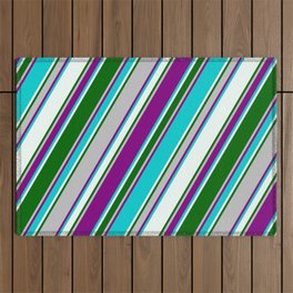 [ Thumbnail: Colorful Grey, Purple, Dark Turquoise, Mint Cream & Dark Green Colored Pattern of Stripes Outdoor Rug ]