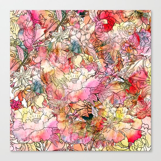 Summer Flowers | Colorful Watercolor Floral Pattern Abstract Sketch Canvas Print