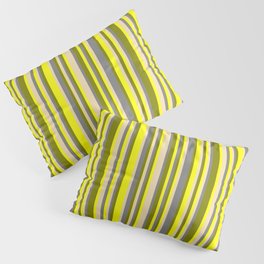[ Thumbnail: Green, Yellow, Tan & Grey Colored Lined/Striped Pattern Pillow Sham ]