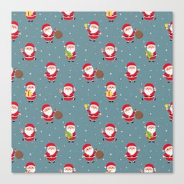 Christmas Seamless Pattern with Santa Claus on Blue Background Canvas Print