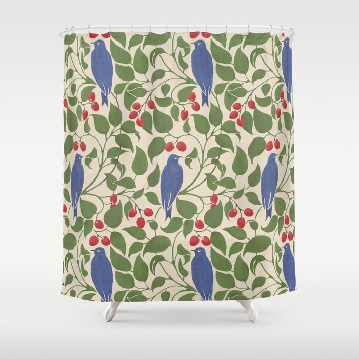 Vintage Blue Birds And Cherries Shower Curtain