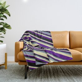 [ Thumbnail: Light Slate Gray, Pale Goldenrod, Indigo, and Black Colored Lined/Striped Pattern Throw Blanket ]