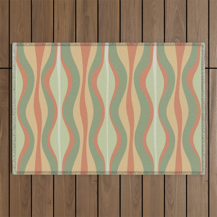 Hourglass Midcentury Modern Abstract Pattern in Sage Green and Apricot Outdoor Rug