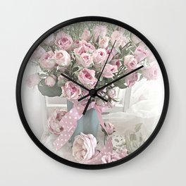 Pastel Roses In Vase - Shabby Chic Roses Pink Aqua Floral Print Home Decor Wall Clock