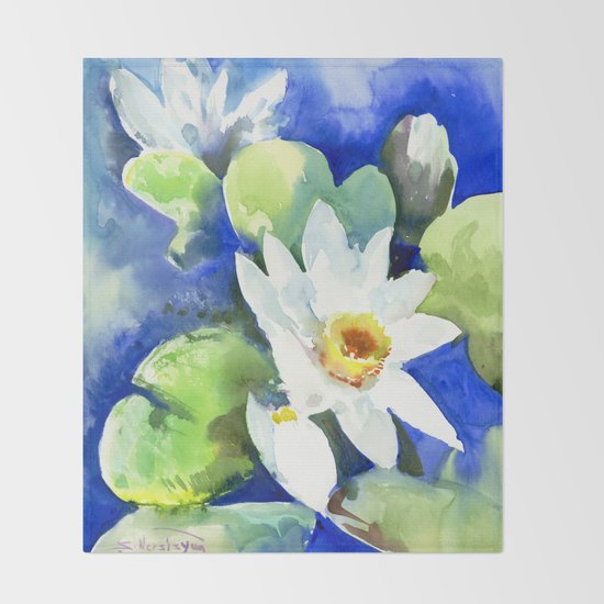 White Water Lily Flowers Lotus Flowers White Blue Throw Blanket