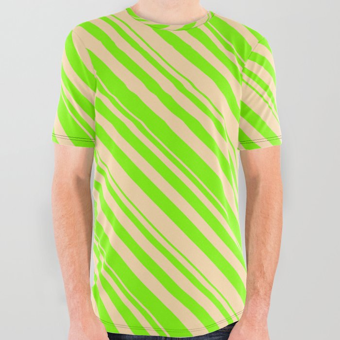 Chartreuse and Tan Colored Lined Pattern All Over Graphic Tee